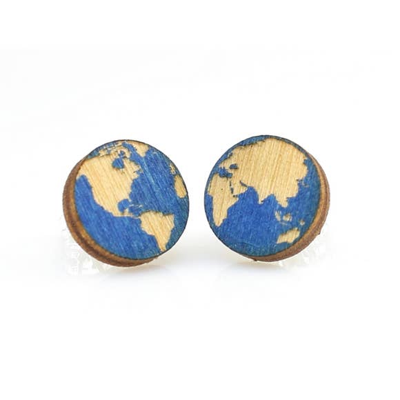 wooden earth stud earrings eco-friendly earrings made in the USA