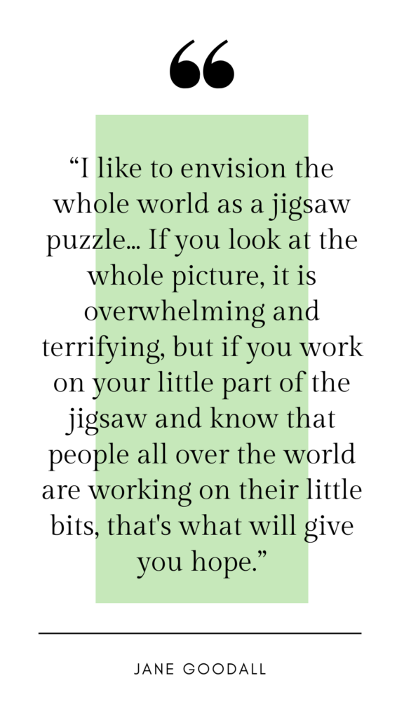 “I like to envision the whole world as a jigsaw puzzle... If you look at the whole picture, it is overwhelming and terrifying, but if you work on your little part of the jigsaw and know that people all over the world are working on their little bits, that's what will give you hope.”