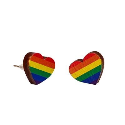 Wooden Rainbow Heart Stud Earrings