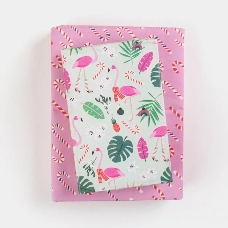 Eco-Friendly Wrapping Paper Feliz Flamingos Candy Cane