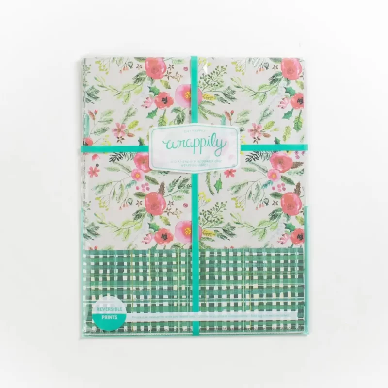 Eco-friendly wrapping paper winter floral and plaid recyclable compostable