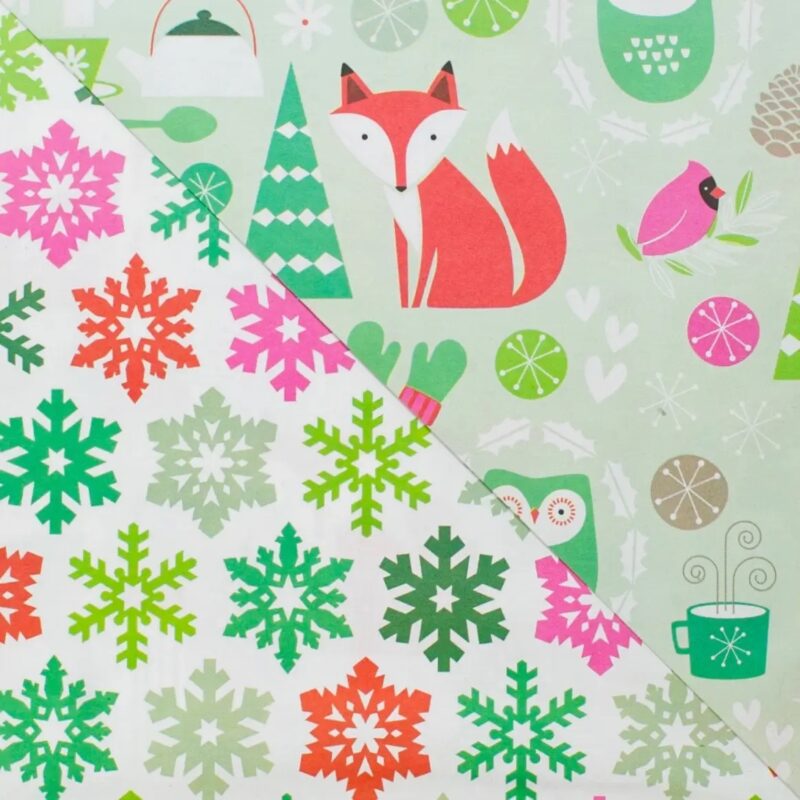 eco-friendly wrapping paper festive friends and snowflakes